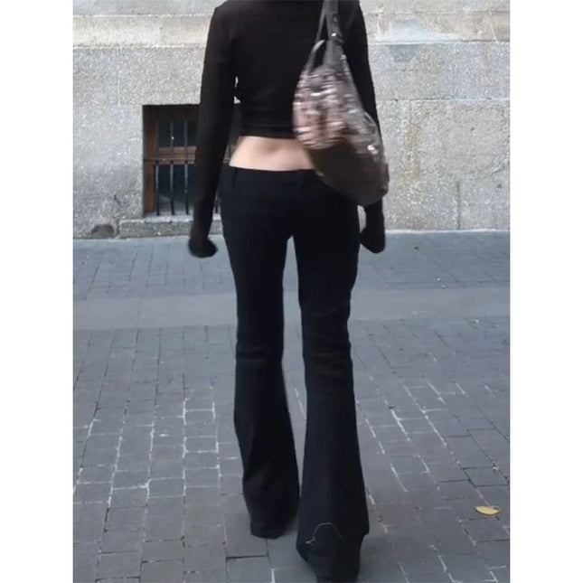 Women's Low Rise Jeans Black Flared Denim Pants Gyaru American Retro Korean Cyber Punk Trumpet Jeans Y2k Skinny Bell Bottom New