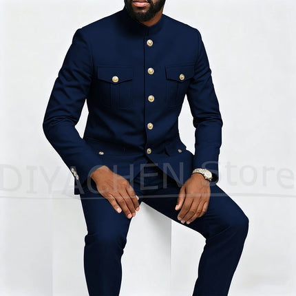 Fashion Stand Collar Men Suits Single Breasted Four Pockets Slim Male Clothing Formal Business Casual Daily Suit 2 Pieces