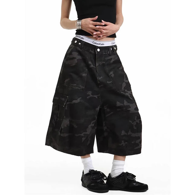 YIBASHU Women Cargo Short Jeans American Vintage Y2K 2000s Streetwear Camouflage Wide Leg Pants Summer Knee Length Denim Shorts