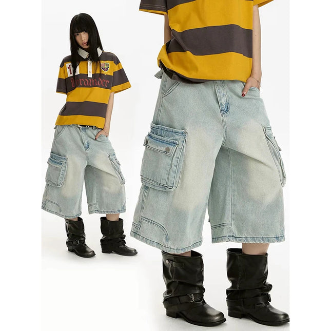 YIBASHU Women Cargo Jeans Vintage Harajuku Y2k Baggy Calf Length Jeans Pants Japanese 2000s Style Oversize Grunge Denim Shorts