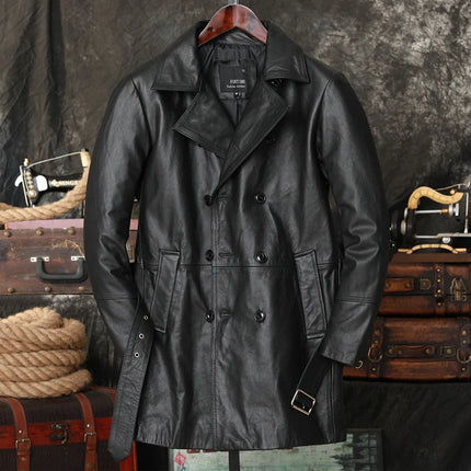 2025 Black Long Casual Style Cowhide Lapel Windbreake Men's Leather Jacket Natural Calf Skin Thick Double Breasted Men Clothing