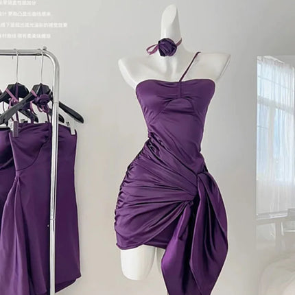 High Quality Purple Prom Gown Low Chest Wrapped Solid Evening Dress Design Banquet Simple Wrap Hip Satin Dress Formal Occasion