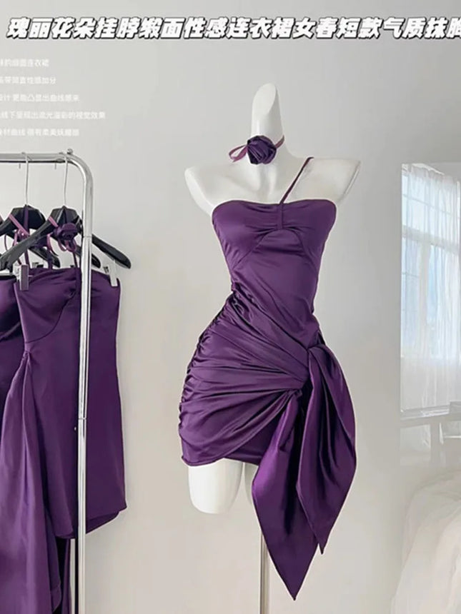 Hochwertiges violettes Ballkleid mit tiefem Brustwickel, einfarbiges Abendkleid, Bankett, schlichtes Wickel-Hüft-Satin-Kleid, formeller Anlass