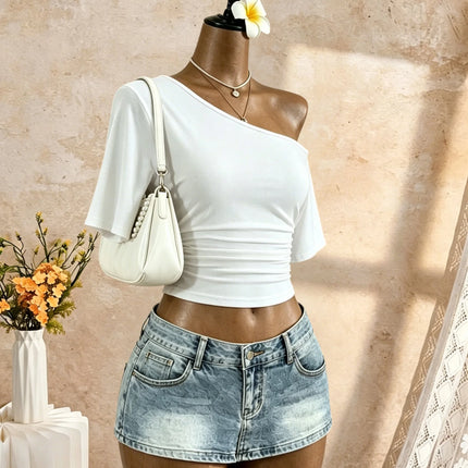Women One Shoulder Short Sleeve Side Ruched Cropped T Shirt 2026 Summer Y2K Going Out Casual Streetwear Tops