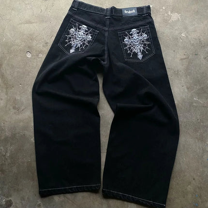 Y2K retro graffiti pattern washed loose hip hop plus size skateboard straight jeans sports casual reflective layered trousers