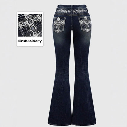 Slimming Micro Flare Pants Polyester Elastic Printed And Embroidered Denim Look Bottoms for Women Elegant Fashionable