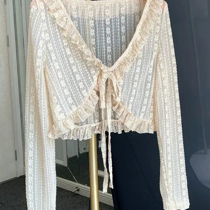 Summer Apricot Lace Belt Women Cardigan Korean Fashion V-neck Long Sleeve Cropped Tops Sweet Slim Thin Sunscreen Jacket Female