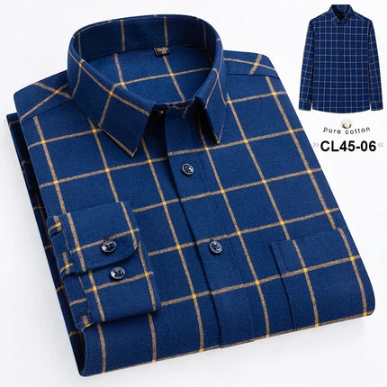 Mens 100% Cotton Casual Shirt Slim Fit Button Classic Striped Plaid Long Sleeve Shirts Single Pocket Comfortable Workwear Shirts