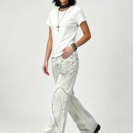 Y2K Distressed Wing Patch Embroidery Slight Flare Pants Slim Punk Jeans for Men and Women