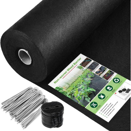 Black weed barrier roll with a magnified weave close-up, U-pins, and pegs