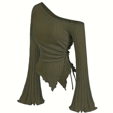 Women's Off-Shoulder Cross Long-Sleeved Slim Fit T-Shirt Asymmetrical Street Style Casual Elegant Top with Trumpet Sleeves