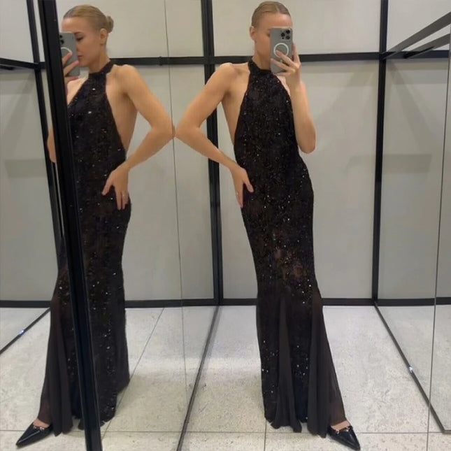 Elegantes Pailletten-Glitzer-Neckholder-Kleid Lang Mode Sexy Durchsichtig Ärmellos Rückenloses Etuikleid NEU Damen Abendparty Outfit