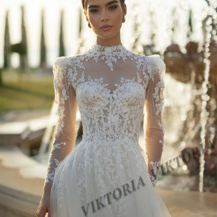 VIKTORIA Vintage Princess Wedding Dresses For Woman Bridal High Neck Long Sleeves A-LINE Appliques Vestidos De Novia Custom Made