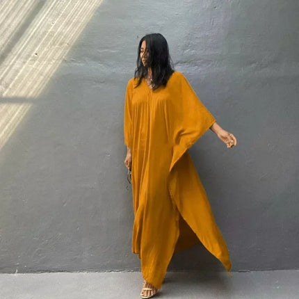 Boho Sexy Swimwear Cover Up Long Dress Rayon Solid Color Beach Wear Tunic Kaftans Kimono Women Clothing Summer Swimsuit