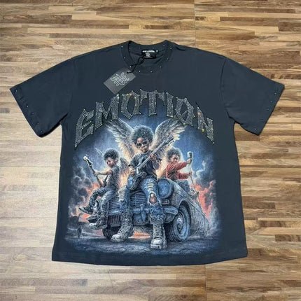 Fashion Brand Mixed Emotion Embroidery Rhinestone American Streetwear Angel Print Hot Diamond Top Tee Men Women Loose T shirts