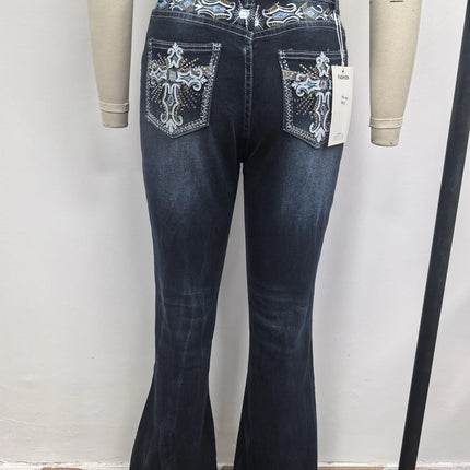 Slimming Micro Flare Pants Polyester Elastic Printed And Embroidered Denim Look Bottoms for Women Elegant Fashionable