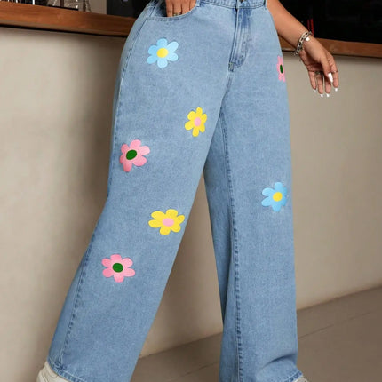 Plus Size Floral Print Wide Leg Jeans | High Waist Baggy Denim Pants