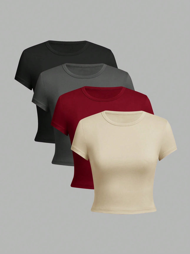 4 Stück Einfarbiges Basic kurzärmeliges, eng anliegendes T-Shirt für Damen, lässiger Sommer-Minimalisten-Damenstil, Oberteil mit Rundhalsausschnitt