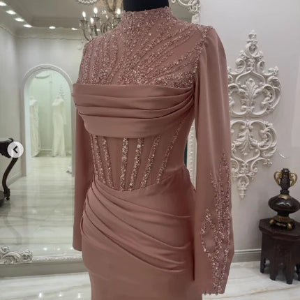 Florettarobe Sequins High Collar Evening Dresses Full Sleeves Satin Prom Gowns for Women Mermaid  Party Dress Long Customized