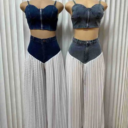 Streetwear Denim Wide Leg Pants Outfit Sexy Women Two Pieces Casual Tracksuit Set Elegant Patchwork Club Matching Set