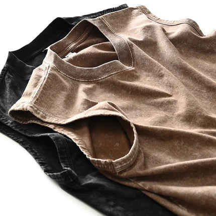 2025 New Summer Men's Washed Cotton Tank Tops Muscle Gym Sleeveless Workout T Shirts Running Beach Loose Cutoff Tees