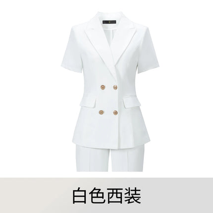 2‑Piece Women Office Suit Short Sleeve Double Breasted Blazer + High Waist Pants Ladies Formal Business Workwear Set Multiple Co