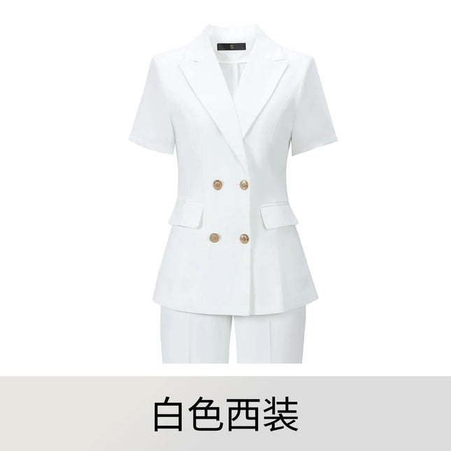 2‑Piece Women Office Suit Short Sleeve Double Breasted Blazer + High Waist Pants Ladies Formal Business - product image 7