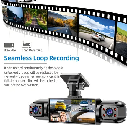 BCUOZ 4-Lens 360° Dashcam 1080P Front 720P Rear Left Right Car Cameras Super Night Vision Loop Recording G-Sensor WDR 12-24V Plug Power Supply Optional 64GB Memory Card