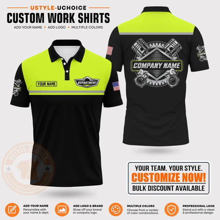Custom Mechanic Work Pattern Polo Shirt Personalized Name Logo Uniform With Piston Print For Men Women Casual Quick Drying Tees