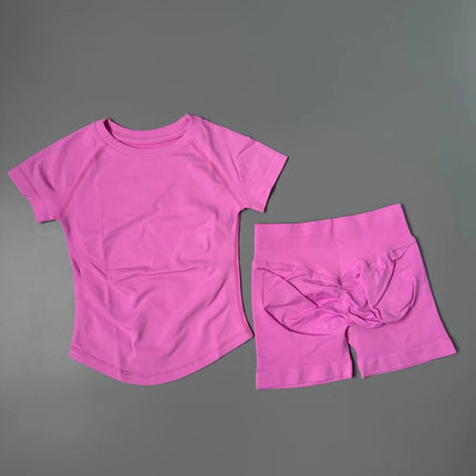 2 Piece Athletic Tracksuit, Seamless Short Sleeve Yoga Wear, High Stretch Running Shorts, Gym Training Outfit