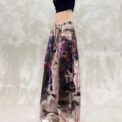 Y2k Jeans Ladies Cool Painted Graffiti With High Waist and Loose Fit Torn Jeans for Woman Women's Denim Pants Coquette Jean Pant