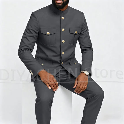Fashion Stand Collar Men Suits Single Breasted Four Pockets Slim Male Clothing Formal Business Casual Daily Suit 2 Pieces