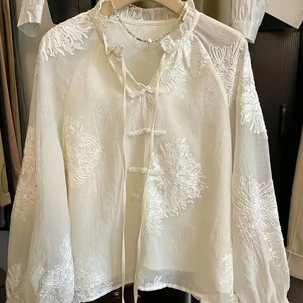 Elegant Embroidered Lace Shirt for Women Chinese Style National Trend Button Stitching  Stand Collar Belted Retro Shirt