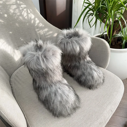 Women Faux Fur Fluffy Plush Furry Boots Comfortable Female Snow Boots Fur Shoes Outdoor Mid Calf Boots