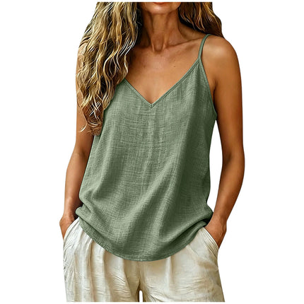 Women Cotton Linen Spaghetti Strap Tank Top V Neck Solid Color Loose Fit Lightweight Casual Sleeveless Camisole Summer Beach Top