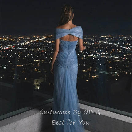 OIMG Pastrol Dusty Blue Mermaid Prom Gowns Off The Shoulder Pleated Party Gown Tulle Floor Length Evening Dress Customized