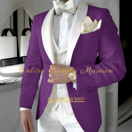 Classy Men's White Jacquard Suit 3pcs Jacket Vest Pants Set Shawl Lapel Elegant Attire for Wedding Cocktail Business Ball Party