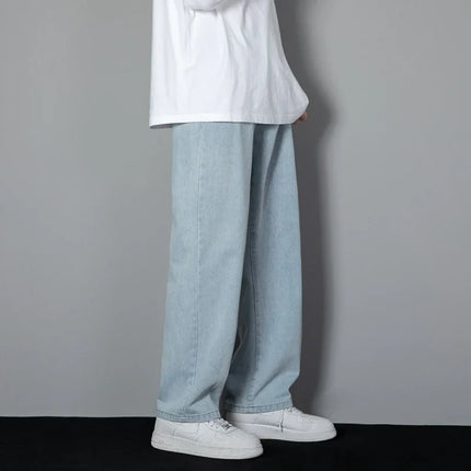 2026 New Korean Men's Casual Long Jeans Classic Man Straight Denim Wide-leg Pants Solid Color Light Blue Black 3XL Cargo Jean