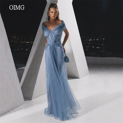 OIMG Pastrol Dusty Blue Mermaid Prom Gowns Off The Shoulder Pleated Party Gown Tulle Floor Length Evening Dress Customized