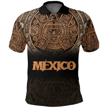 Mexico Flag Map Graphic Polo Shirts For Men Aztec Warrior Eagle 3D Printed Short Sleeves Casual Sport Lapel Tops Oversized Tees