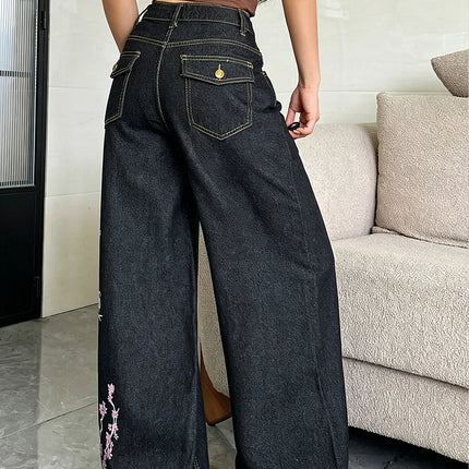 American High Street Vintage Dragon Totem Print Women's Pants, Trendy And Fashionable Black Versatile Wide-Leg Jeans For Women