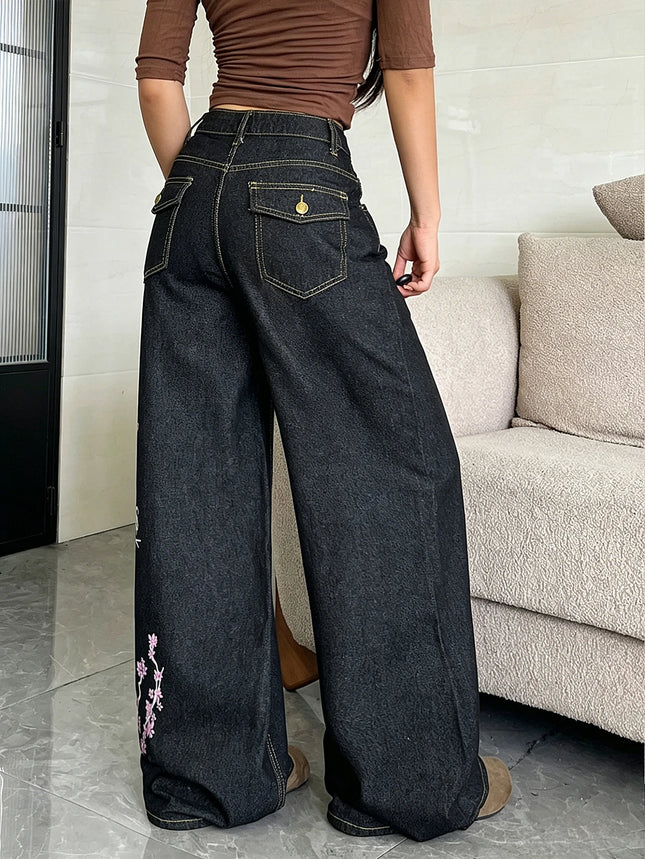 American High Street Vintage Dragon Totem Print Women's Pants, Trendy And Fashionable Black Versatile Wide-Leg Jeans For Women