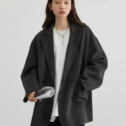 CHIC VEN Women's Woolen Coats Loose Casual Double Breasted Retro Double-sided Jacket Office Lady Outerwear Autumn Winter 2026