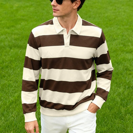 Men's striped rugby polo long-sleeved collar shirt casual school outdoor sports casual 3d printing spring, autumn and winter