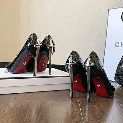 Women's Pumps Fashion Womens High Heels High Quality Metal Scepter Stiletto Pointed Leather Women Shoes New Premium Single Shoes