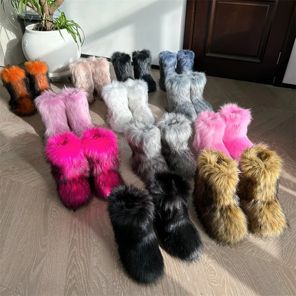 Women Faux Fur Fluffy Plush Furry Boots Comfortable Female Snow Boots Fur Shoes Outdoor Mid Calf Boots