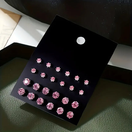 12 Pairs Classic Pink Rhinestone Stud Earrings Exquisite 4/6MM Crystal Stone Earrings Women's Elegant Banquet Jewelry Gifts
