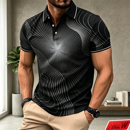 Fashion Wavy Line Graphic Polo Shirt Men Casual Business Handsome Short Sleeve Top Summer Streetwear Colorful 3d Print Lapel Tee