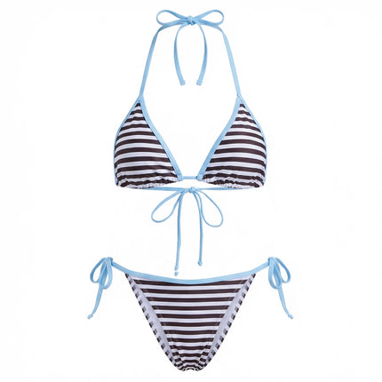 Womens Stripe Bikini Sets Halter Bra Tops with Tie-up Thong 2 Pcs Set Swimsuits Stylish Sexy Beach Pool Bathing Suit