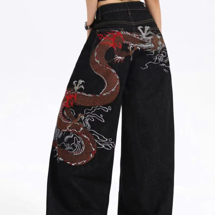 European And American Millennium Asian Cool Style Loose Jeans Traditional Dragon Pattern Embroidered High Waist Wide Leg Pants